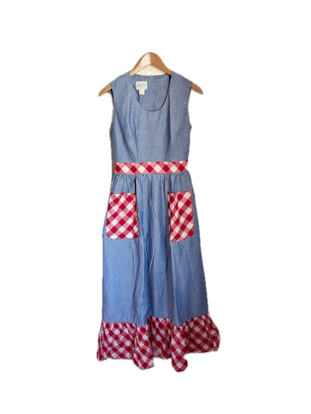 Vintage 1970s Park East by Swirl Sleeveless Red Gingham Chambray Maxi Dress
